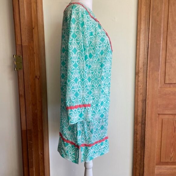 VINEYARD VINES Tunic Dress Geo Torquoise Print Coral Trim V Neck Long Sleeve S - Picture 9 of 17